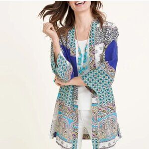 Chicos 100% Linen Sz 3 Womens 16 18 Blue Patchwork Longline Duster Jacket